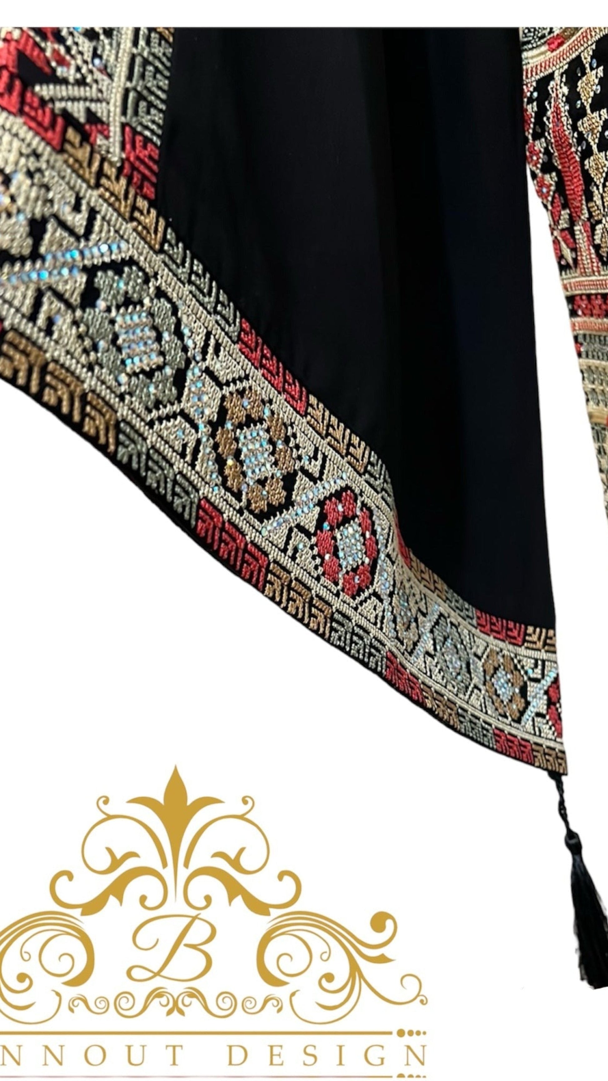 Palestinian Embroidery Thobe Dress Maxi Long Sleeve Black Beige Henna Party Tatreez 3