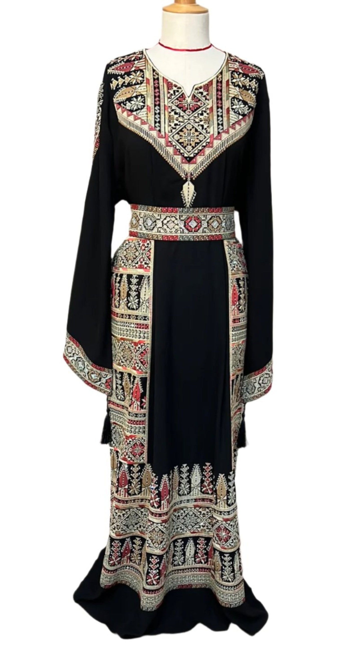 Palestinian Embroidery Thobe Dress Maxi Long Sleeve Black Beige Henna Party Tatreez 3