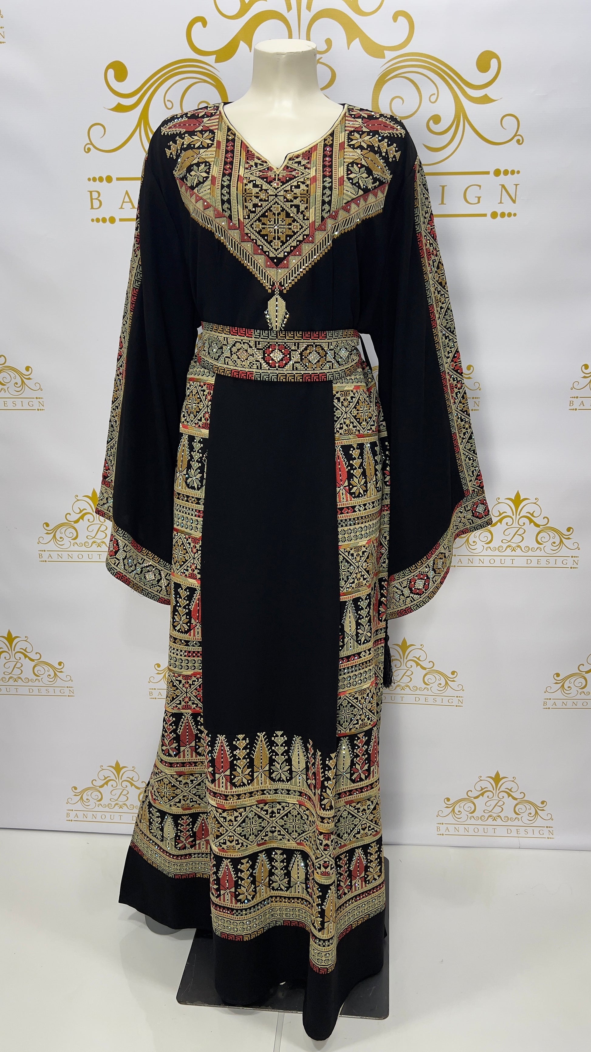 Palestinian Embroidery Thobe Dress Maxi Long Sleeve Black Beige Henna Party Tatreez 