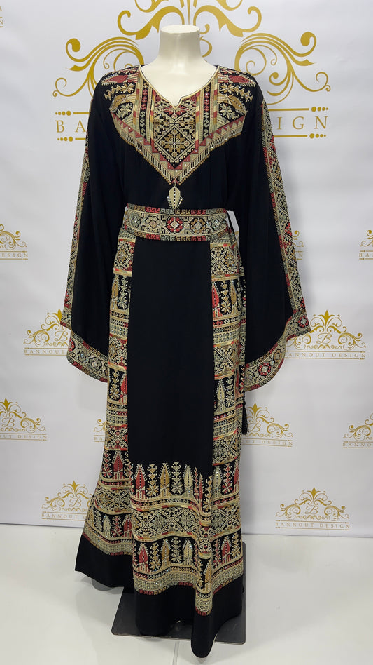 Palestinian Embroidery Thobe Dress Maxi Long Sleeve Black Beige Henna Party Tatreez 