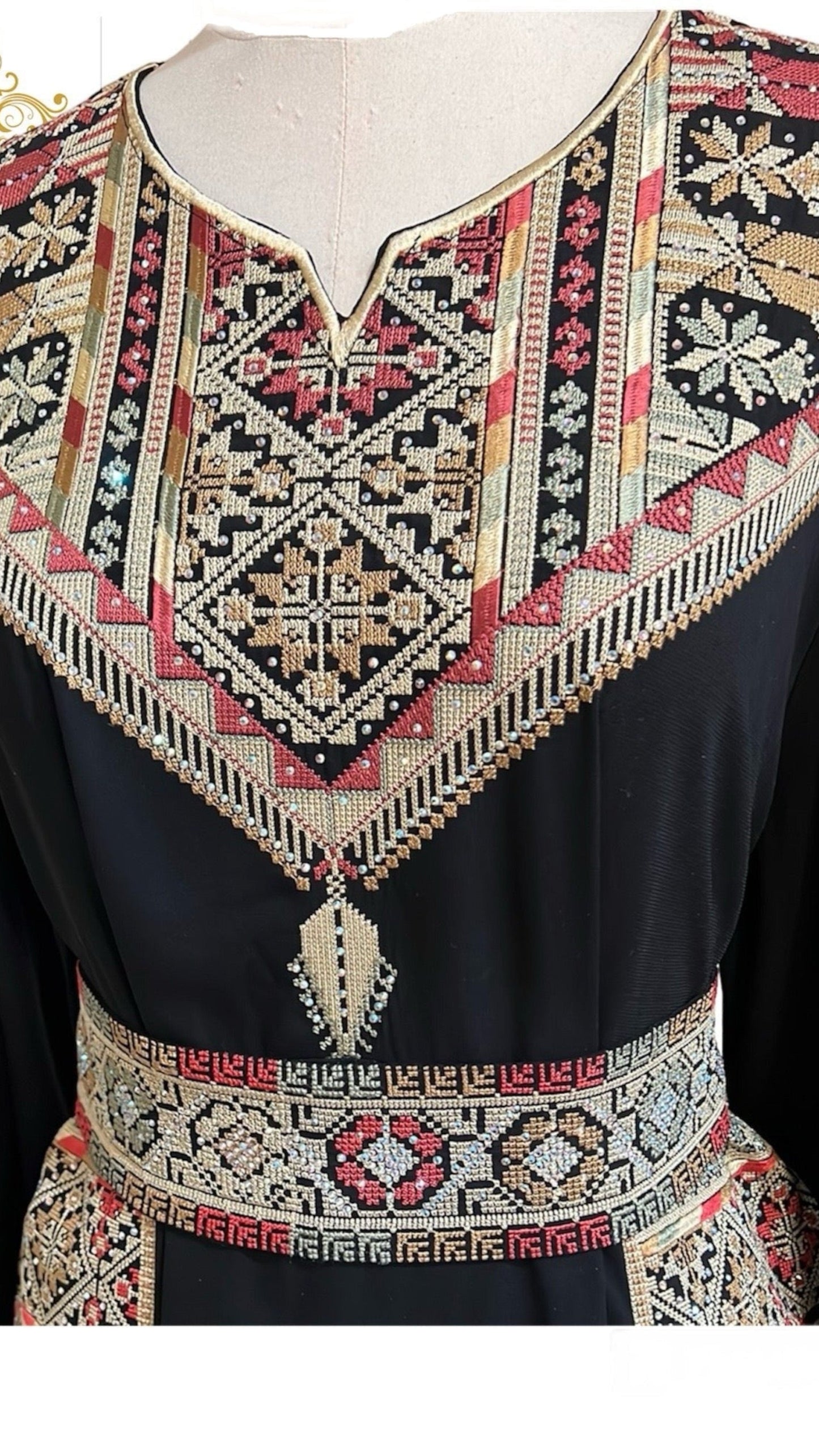 Palestinian Embroidery Thobe Dress Maxi Long Sleeve Black Beige Henna Party Tatreez 