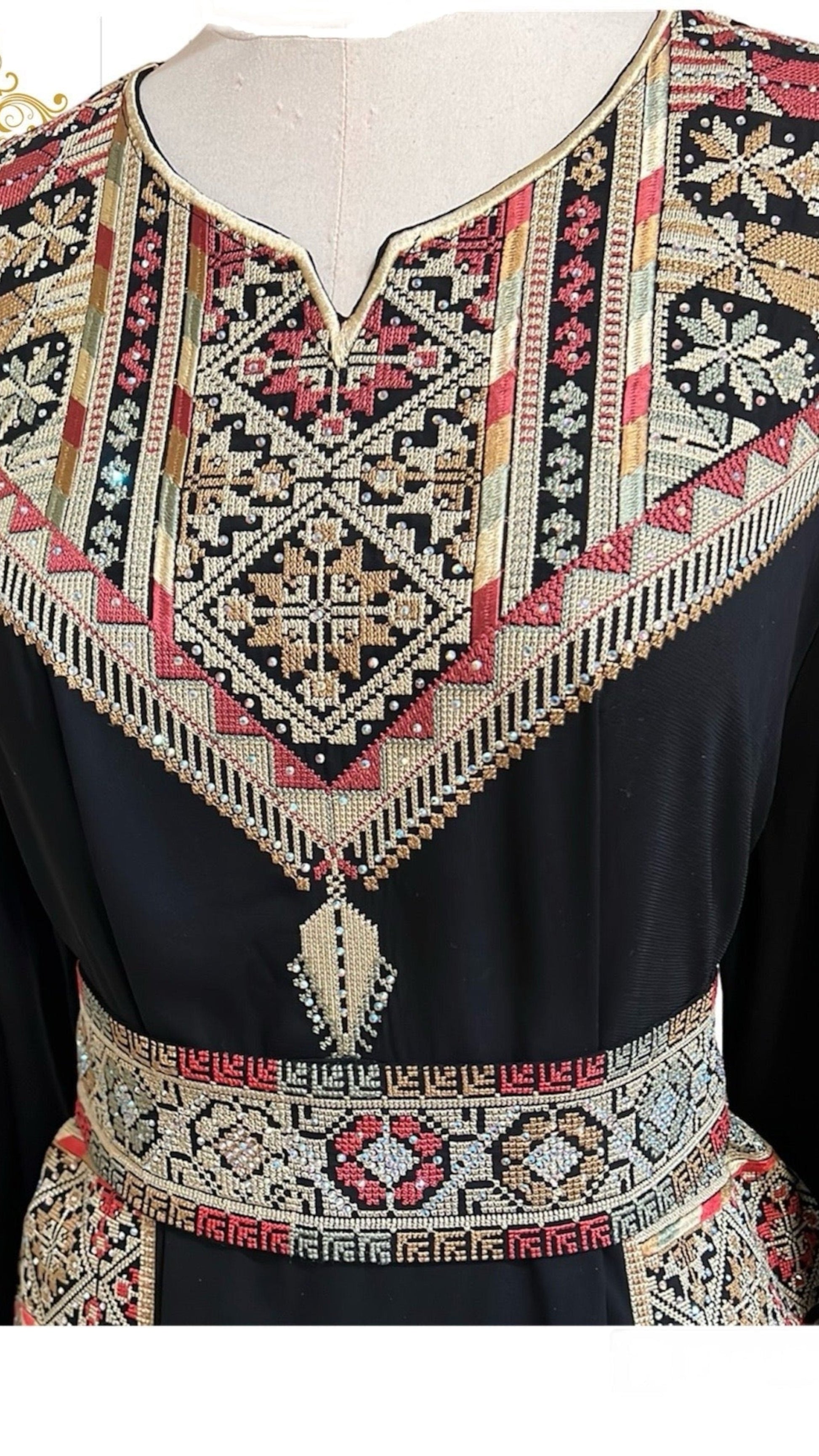 Palestinian Embroidery Thobe Dress Maxi Long Sleeve Black Beige Henna Party Tatreez 