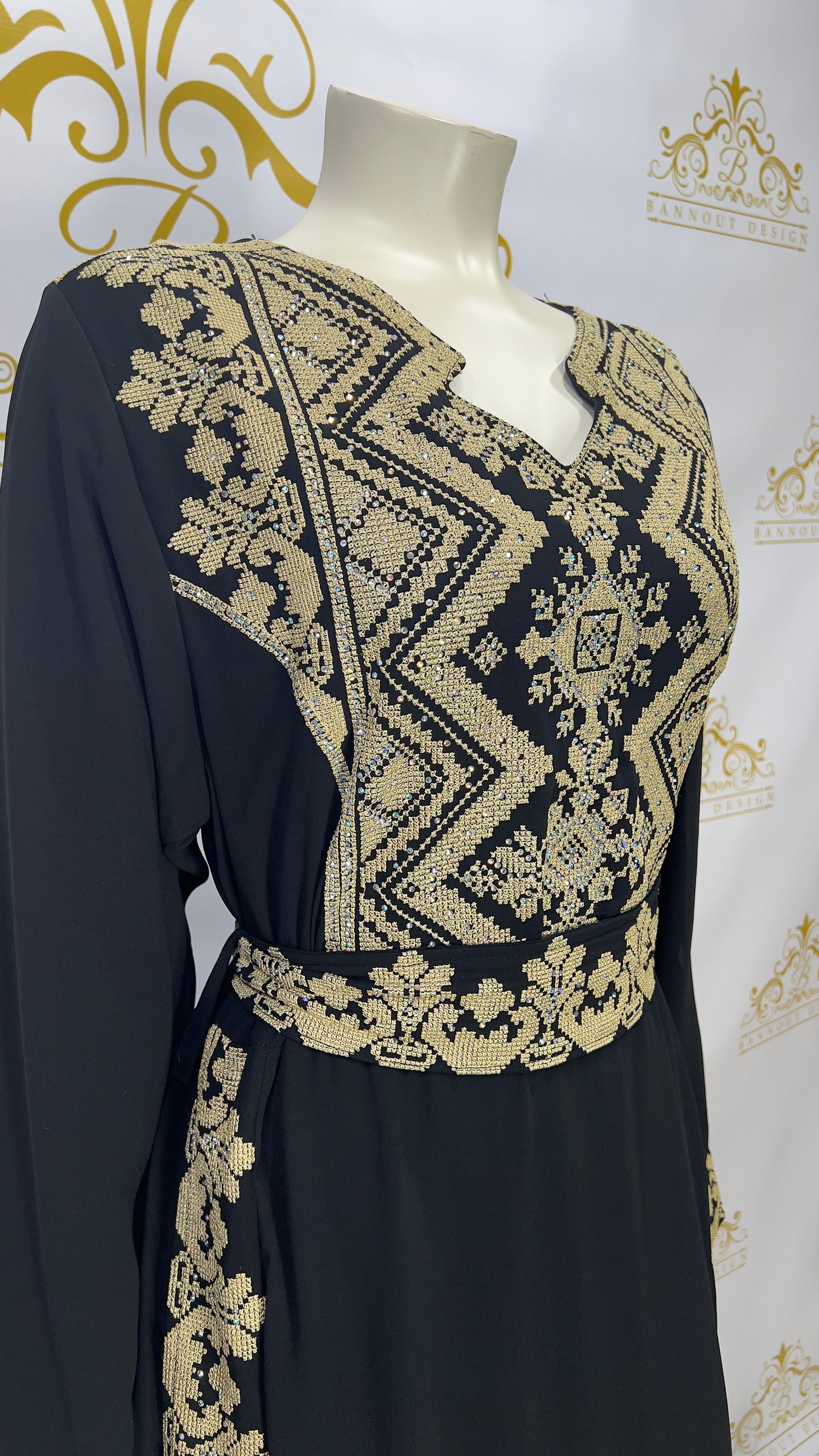 Palestinian Embroidery Thobe Dress with Rhinestones