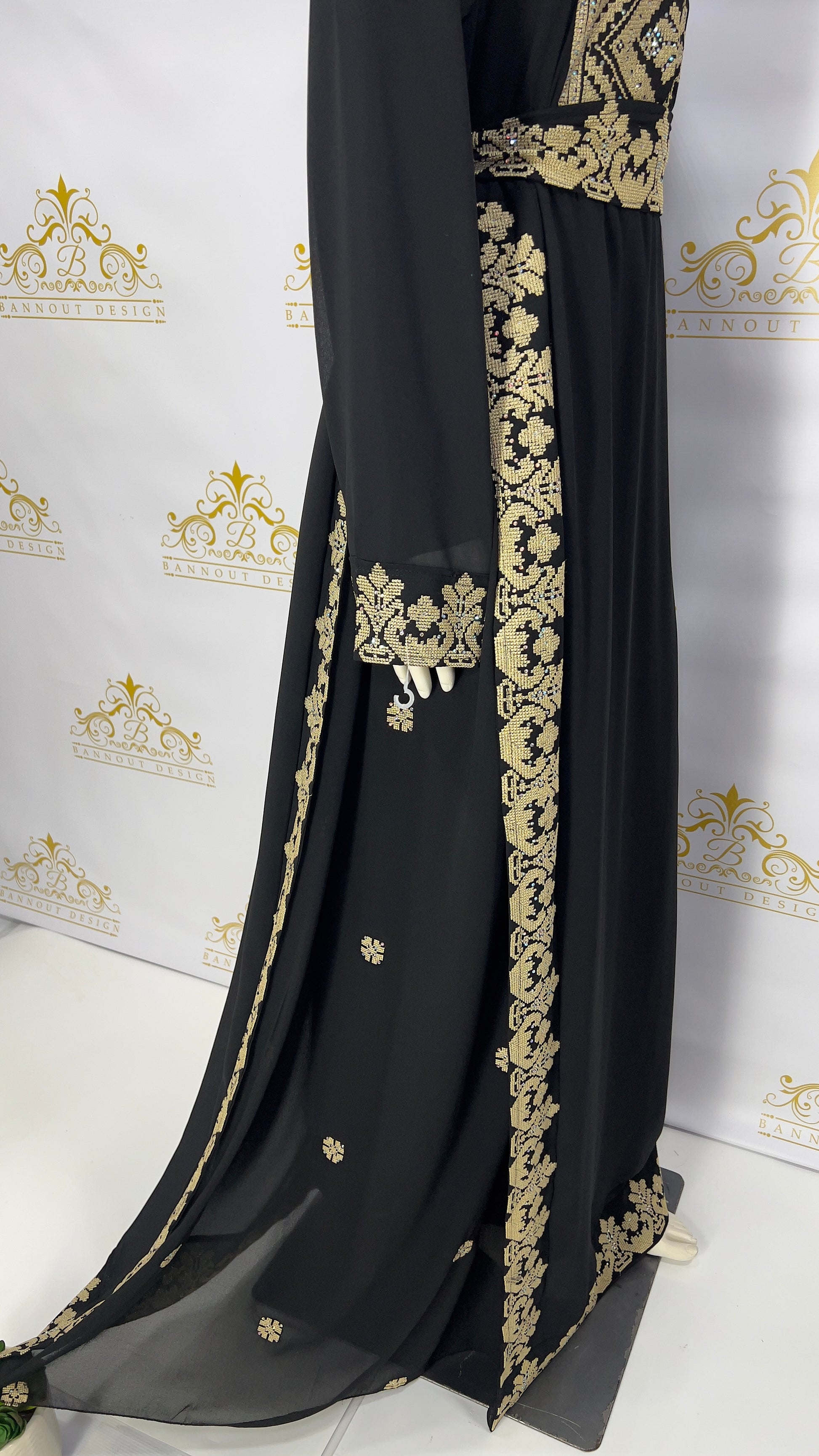 Palestinian Embroidery Thobe Maxi Dress with Rhinestones XL / Black Palestinian Embroidery Thobe Maxi Dress with Rhinestones XL / Black