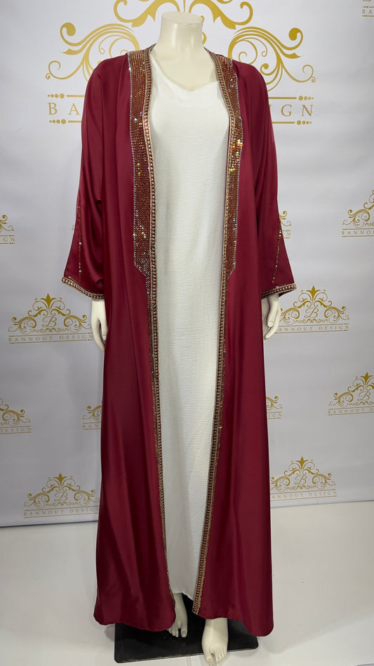 Women's Satin Cardigan Open Abaya 2 Pc Gold Rhinestones Maxi Long Sleeve