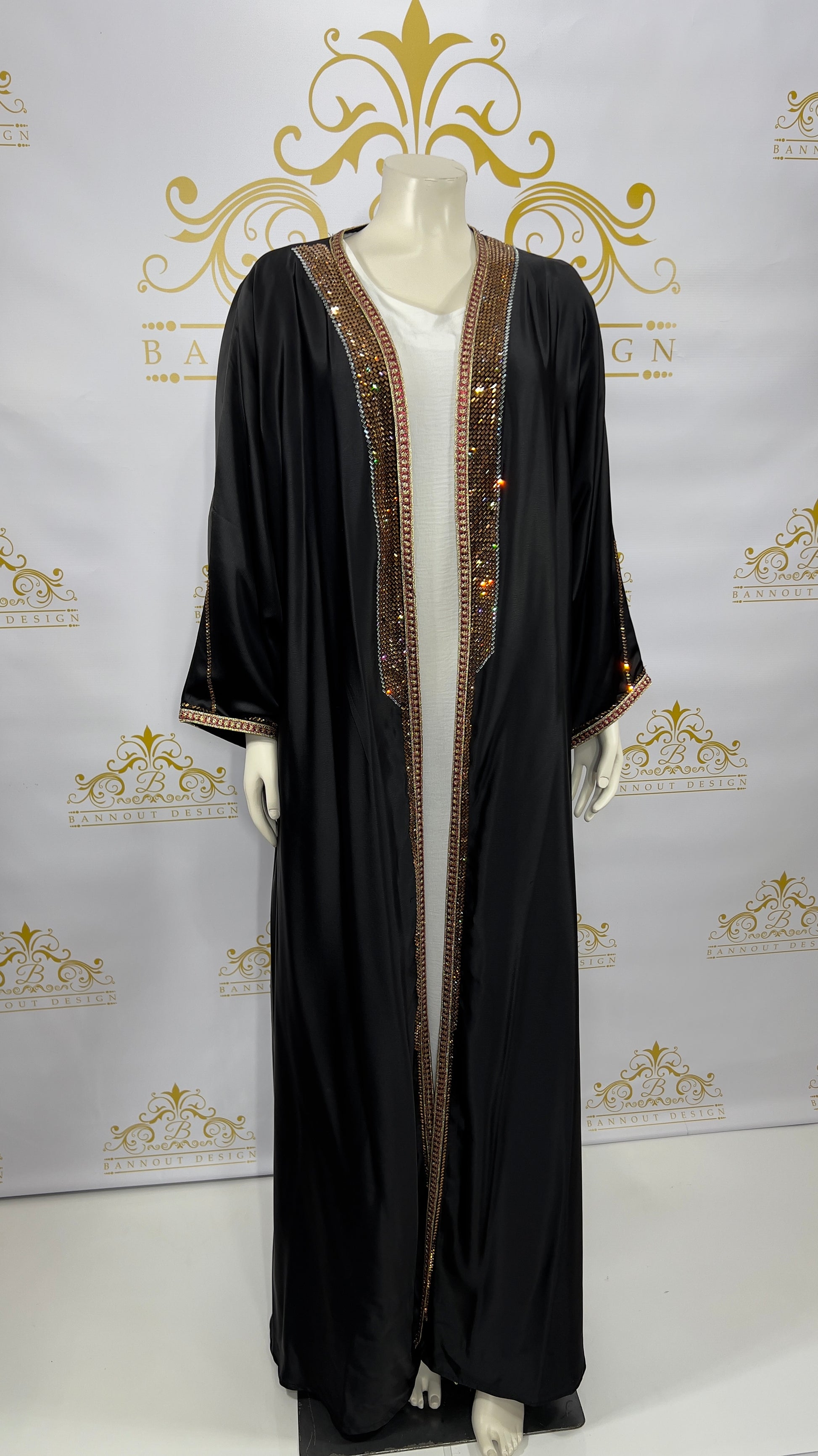 Women's Satin Cardigan Open Abaya 2 Pc Gold Rhinestones Maxi Long Sleeve