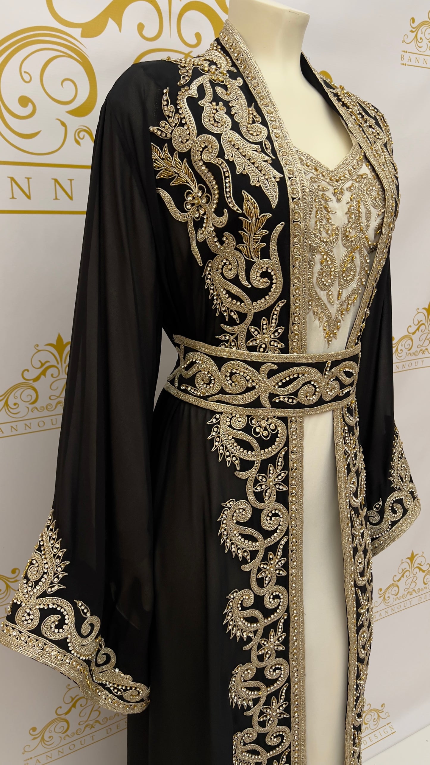 Women's long Maxi Fancy Kaftan Abaya Dress 3 Pcs. Embroidery Designs & Golden Rhinestone Beads White