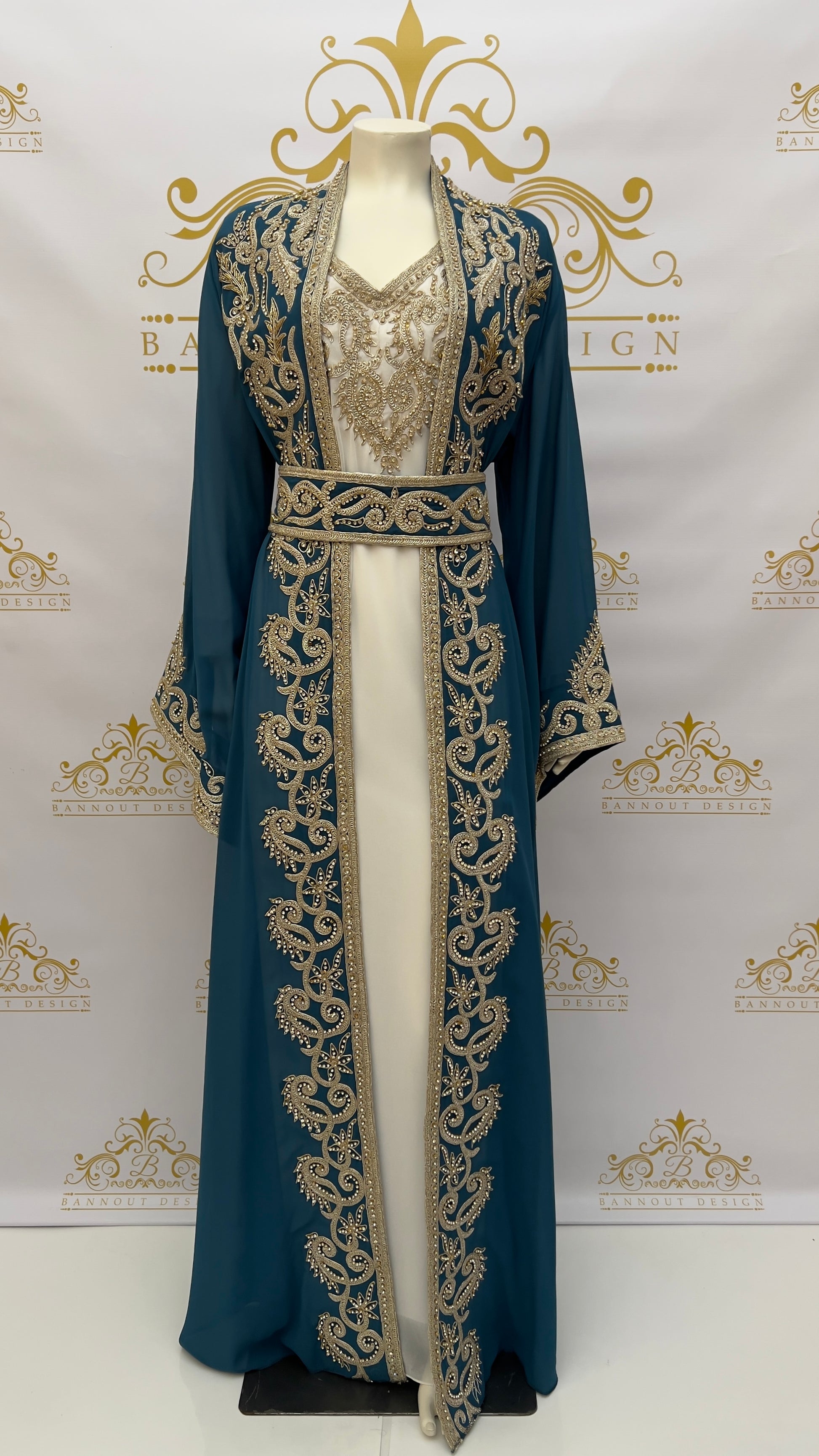 Women's long Maxi Fancy Kaftan Abaya Dress 3 Pcs. Embroidery Designs & Golden Rhinestone Beads Teal