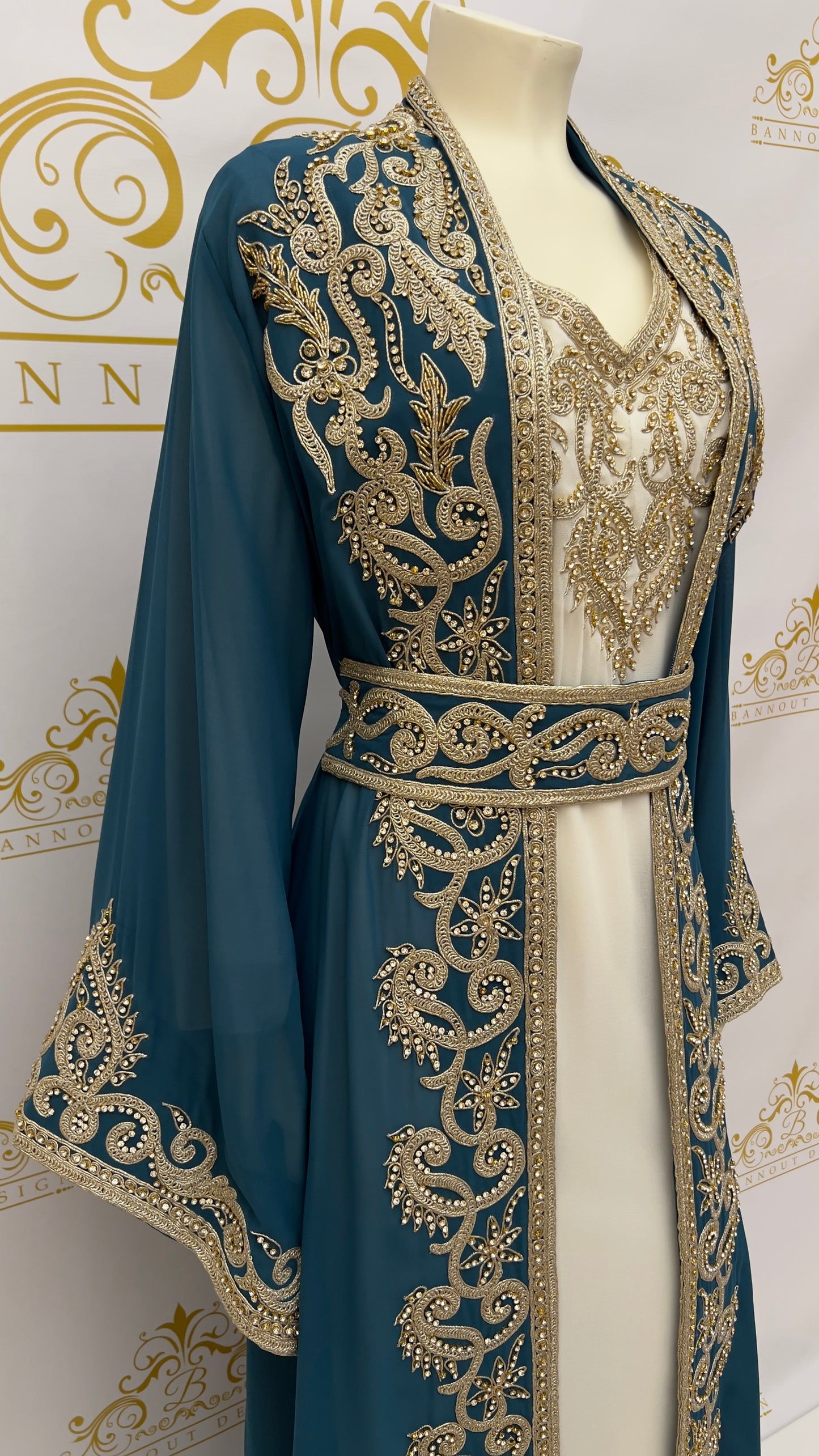 Women's long Maxi Fancy Kaftan Abaya Dress 3 Pcs. Embroidery Designs & Golden Rhinestone Beads Teal