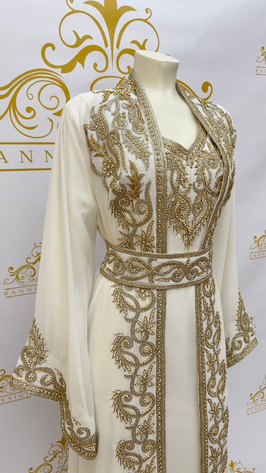 Women's long Maxi Fancy Kaftan Abaya Dress 3 Pcs. Embroidery Designs & Golden Rhinestone Beads White