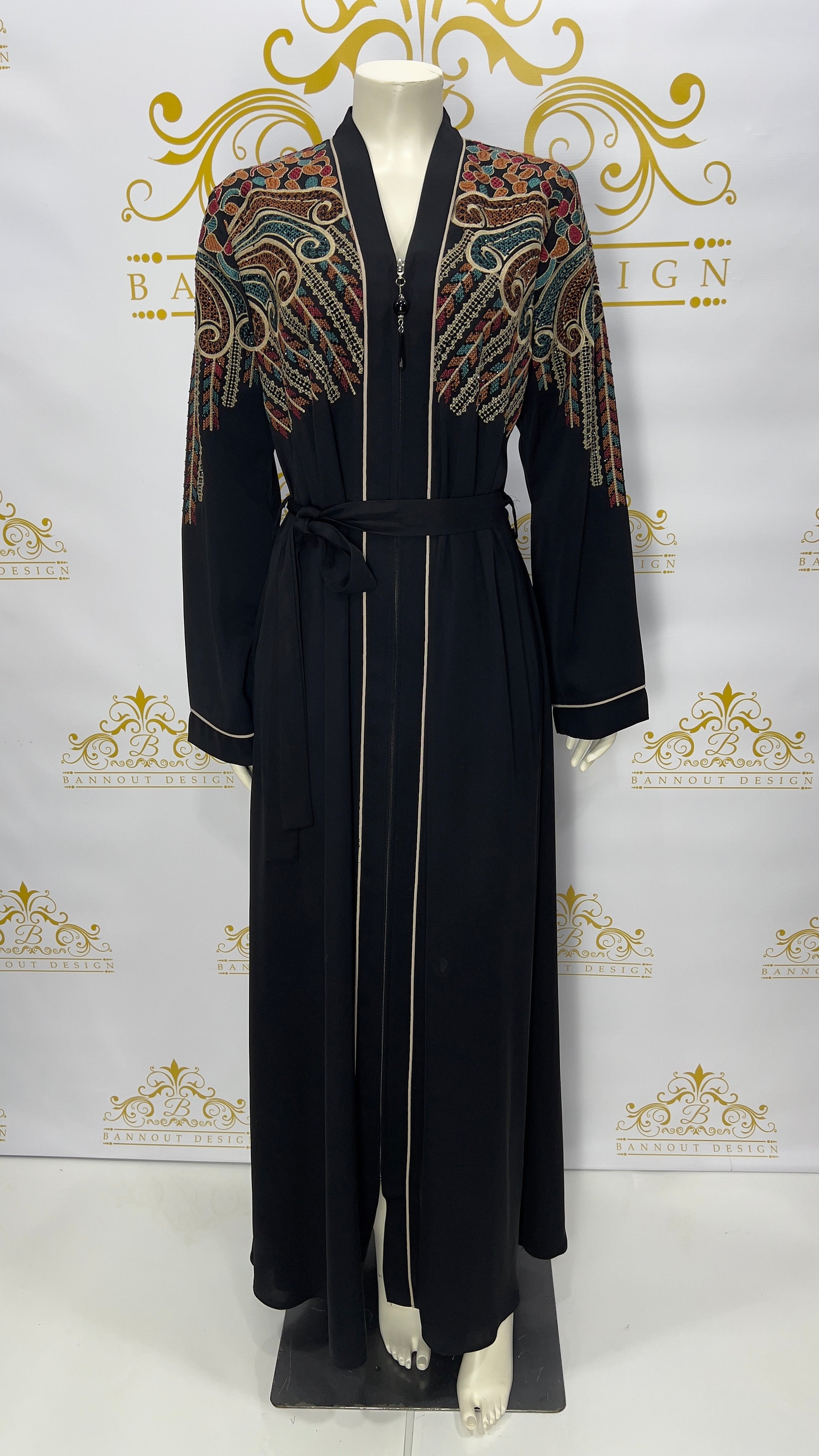 Zipper Abaya Peacock Colorful Embroidery Design For Women