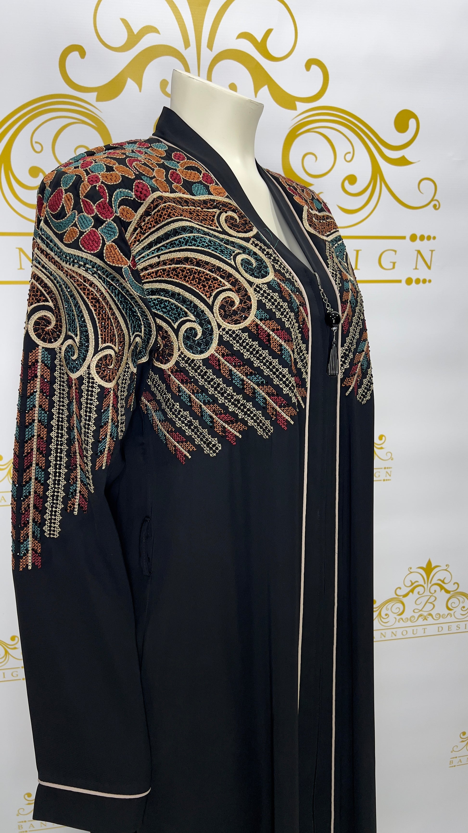 Zipper Abaya Peacock Colorful Embroidery Design For Women