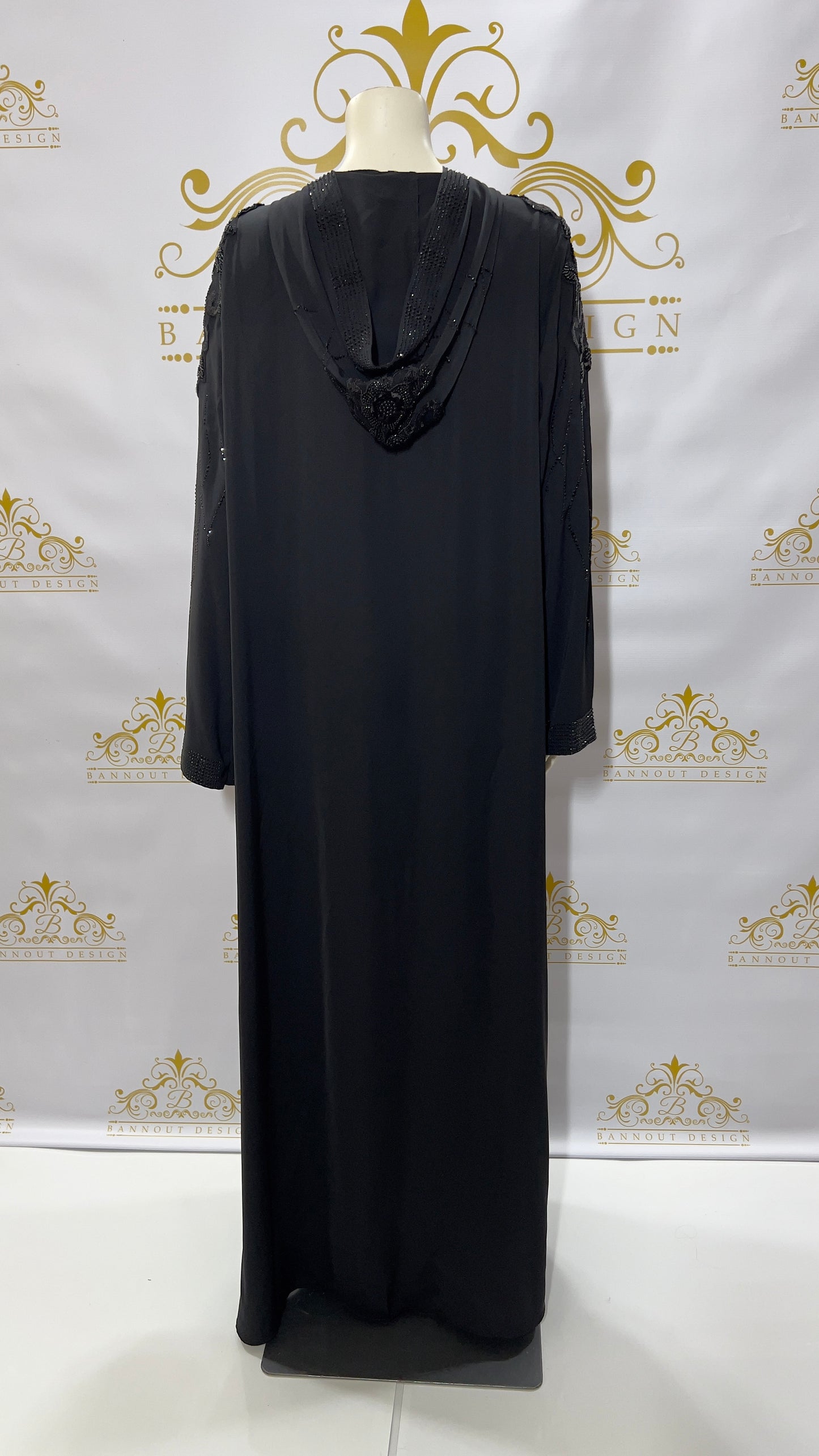 Zipper Hooded Women’s Abaya, Beads Flowers Design Black