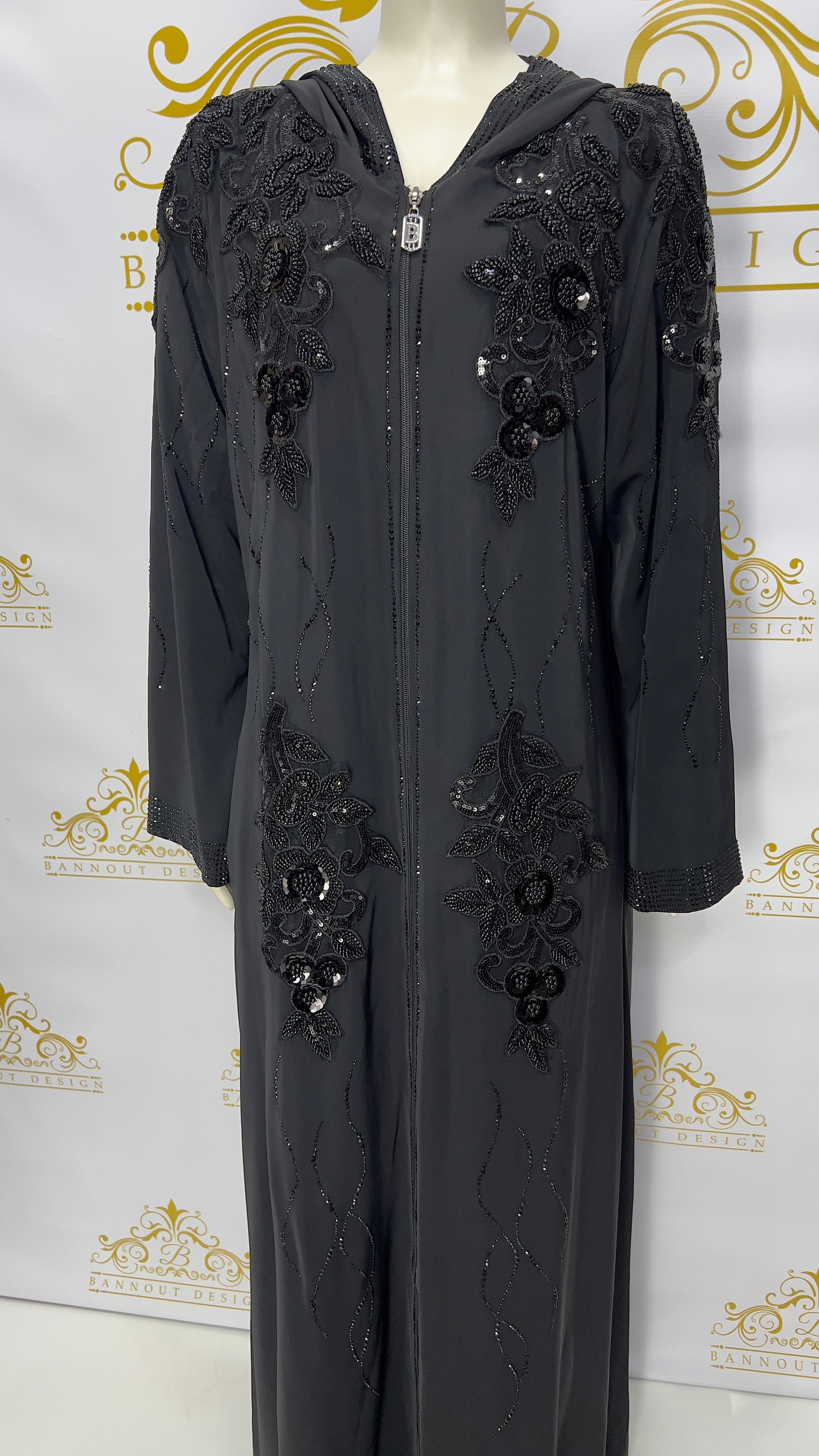Zipper Hooded Women’s Abaya, Beads Flowers Design Black