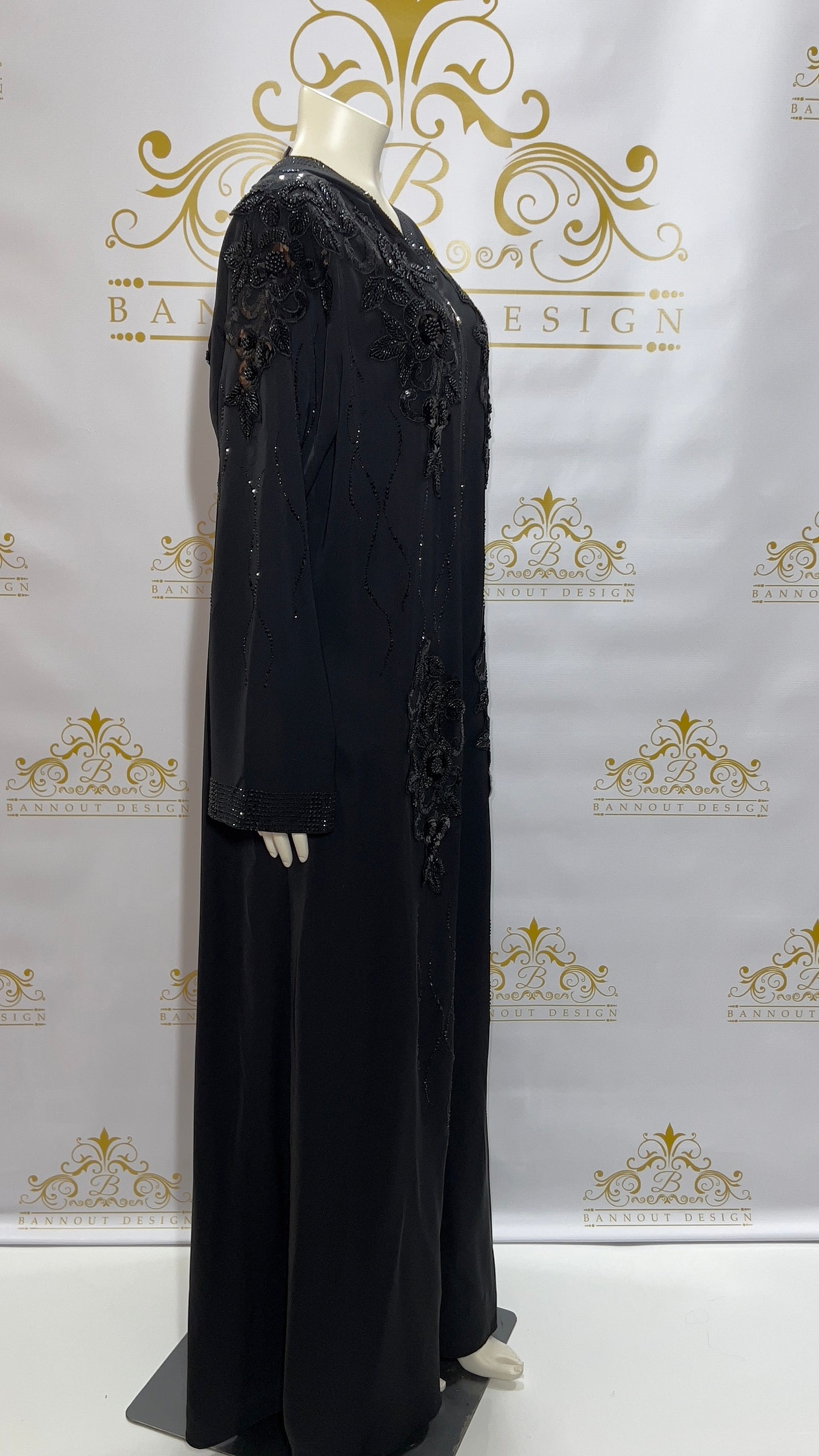 Zipper Hooded Women’s Abaya, Beads Flowers Design Black