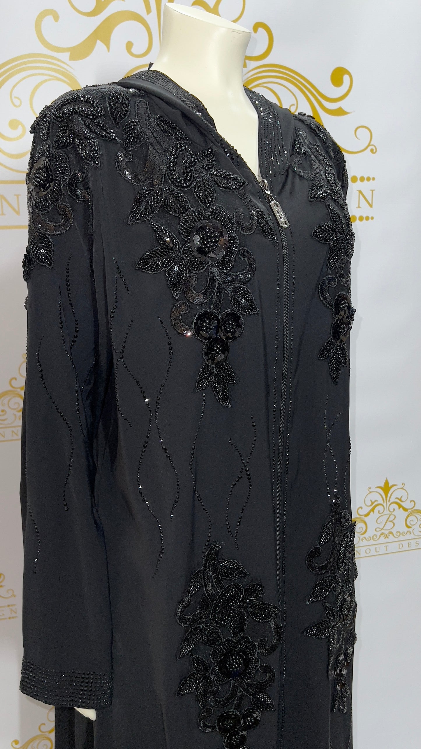 Zipper Hooded Women’s Abaya, Beads Flowers Design Black