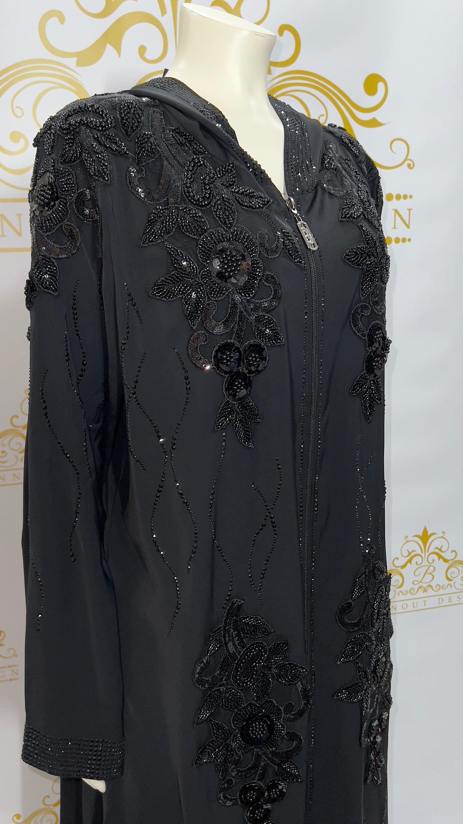 Zipper Hooded Women’s Abaya, Beads Flowers Design Black