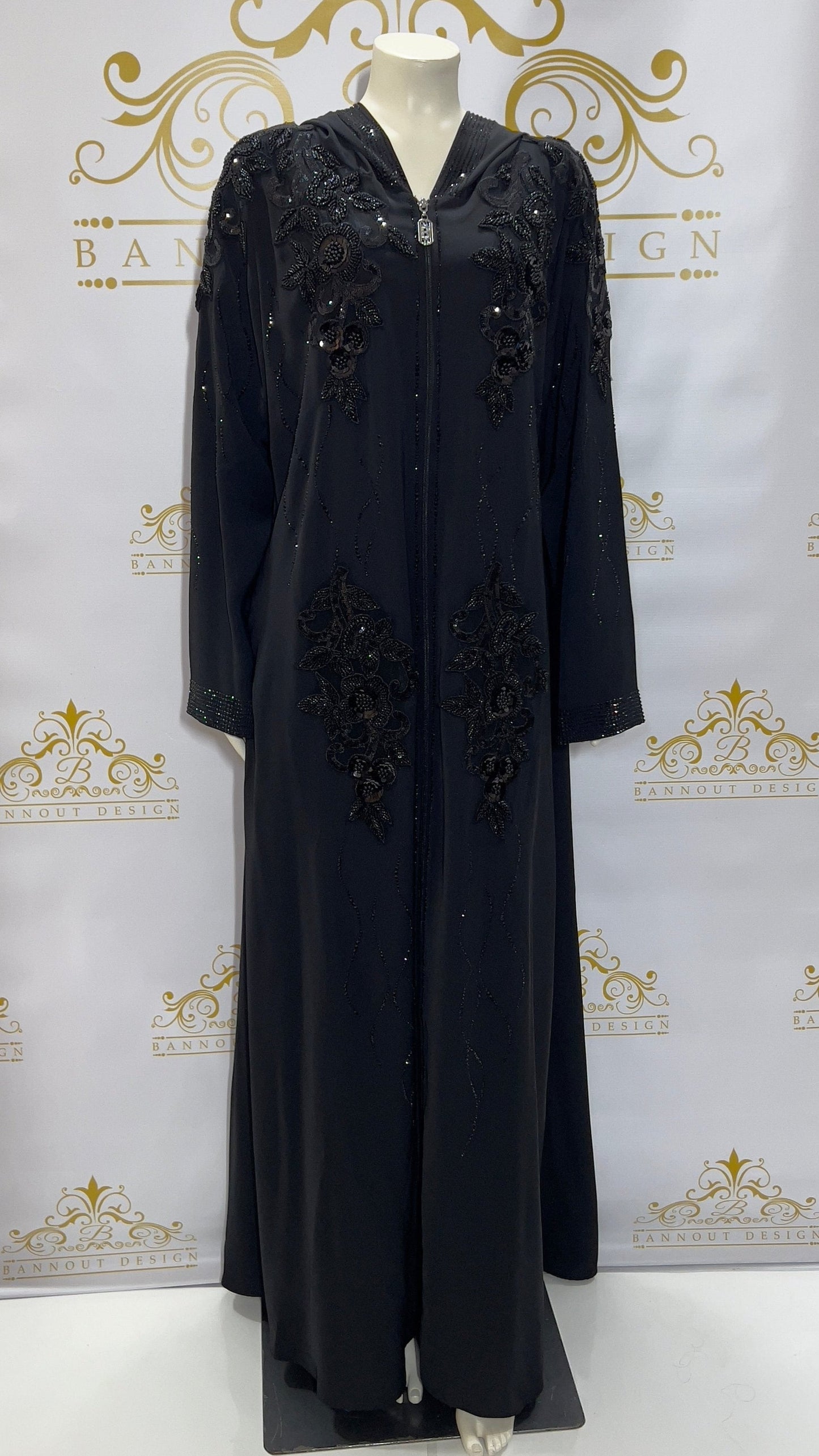 Zipper Hooded Women’s Abaya, Beads Flowers Design Black