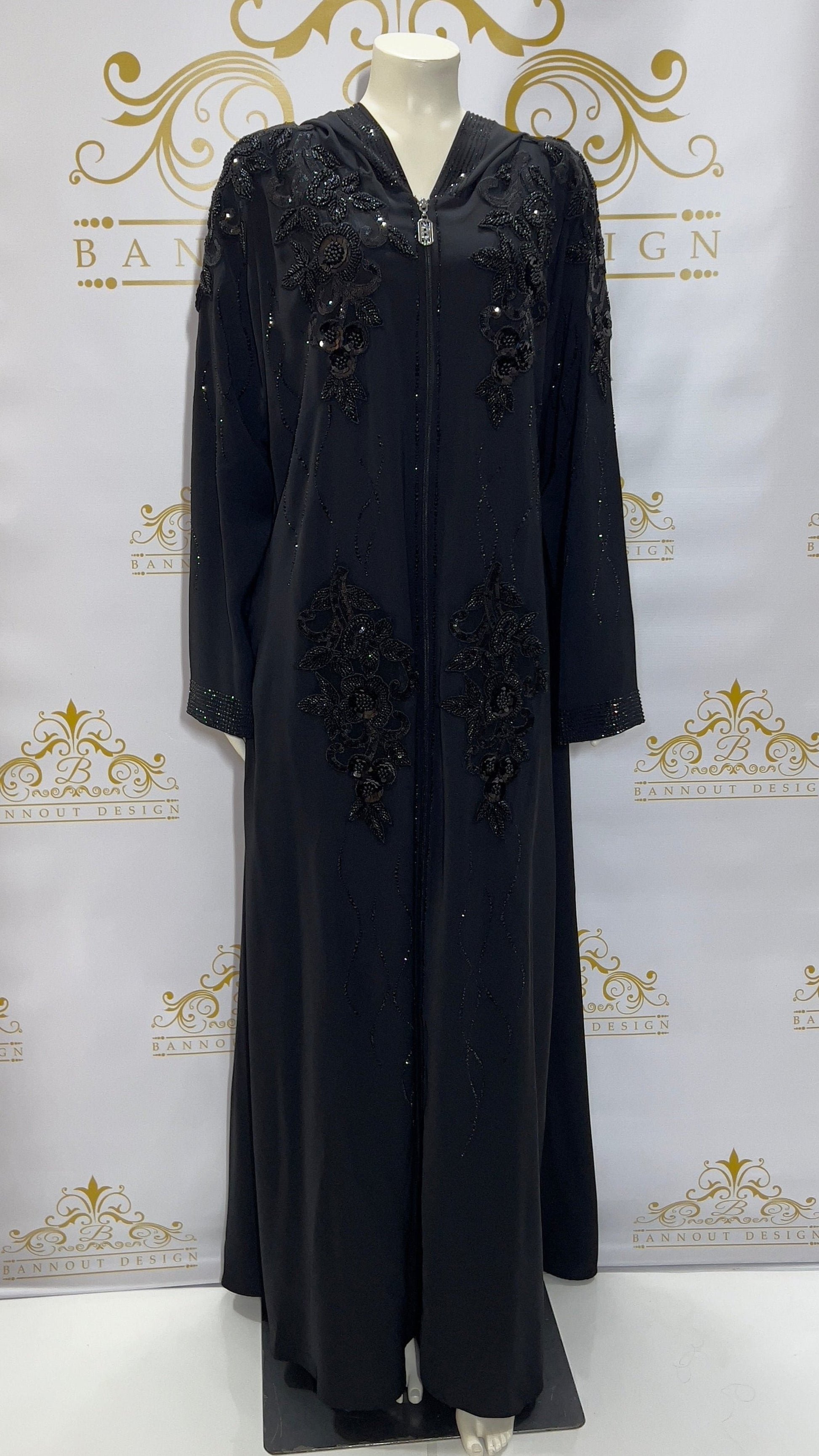 Zipper Hooded Women’s Abaya, Beads Flowers Design Black