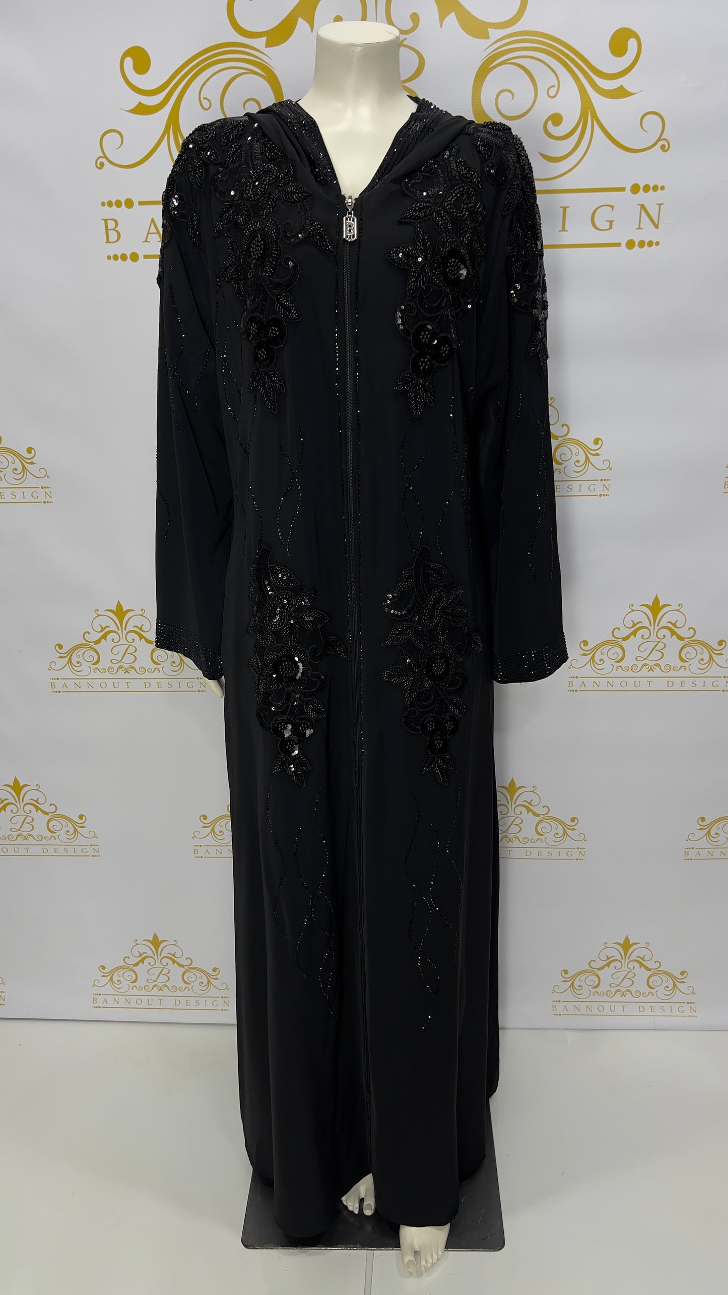 Zipper Hooded Women’s Abaya, Embellished Sequined Flower Design Black