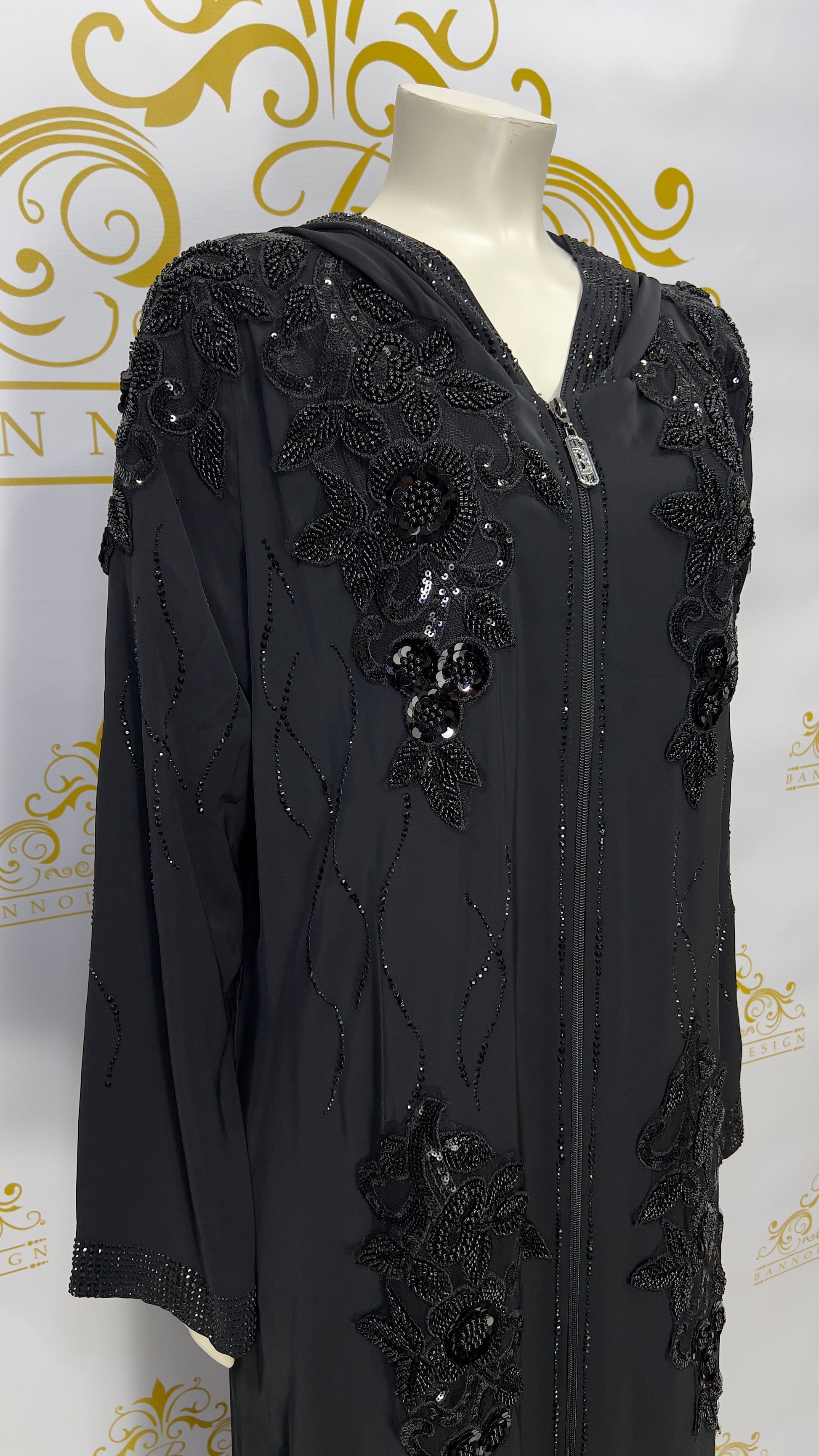 Zipper Hooded Women’s Abaya, Embellished Sequined Flower Design Black