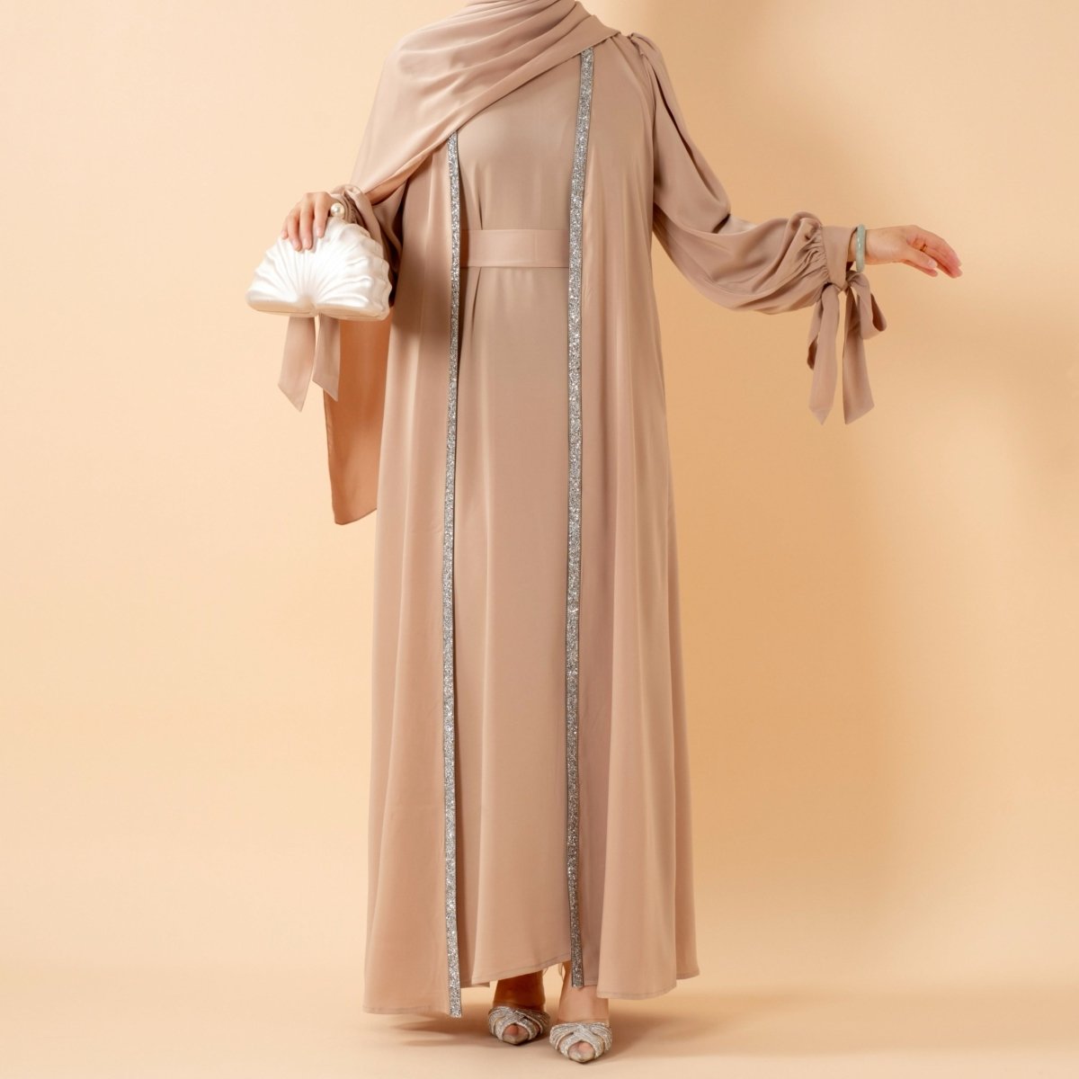 Bow Tie Sleeve Abaya Set With Long-sleeve Inner Dress (MOA026)