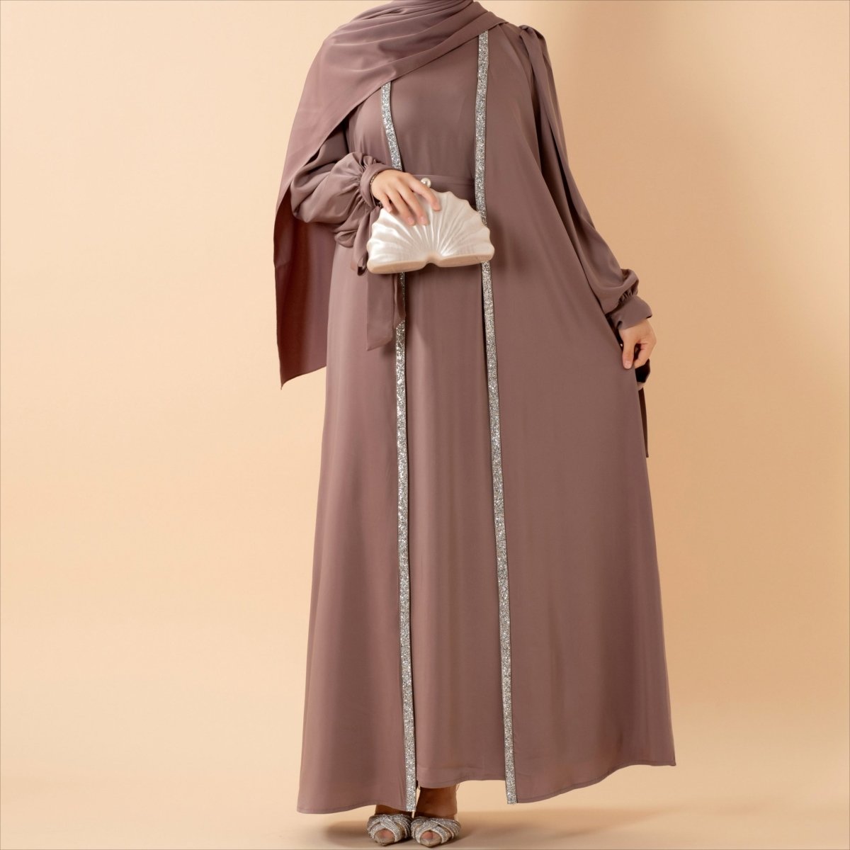 Bow Tie Sleeve Abaya Set With Long-sleeve Inner Dress (MOA026)
