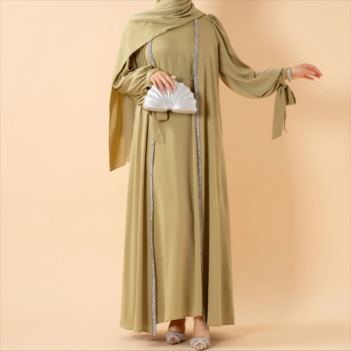 Bow Tie Sleeve Abaya Set With Long-sleeve Inner Dress (MOA026)